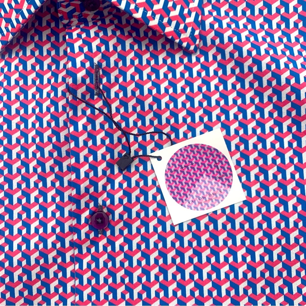 NWT COTON DOUX Paris Geo Print Button Front Shirt Cotton Poplin Pink Navy Blue - Picture 5 of 15